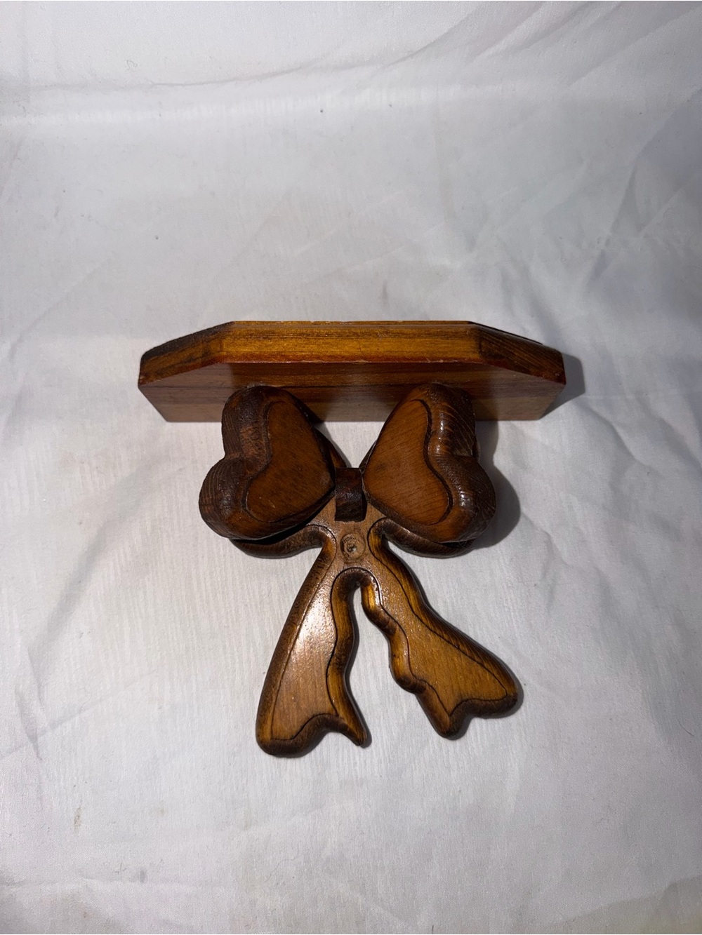 Vintage Hand Carved Wood Bow & Heart Mini Wall Shelf | Cottagecore Display Ledge